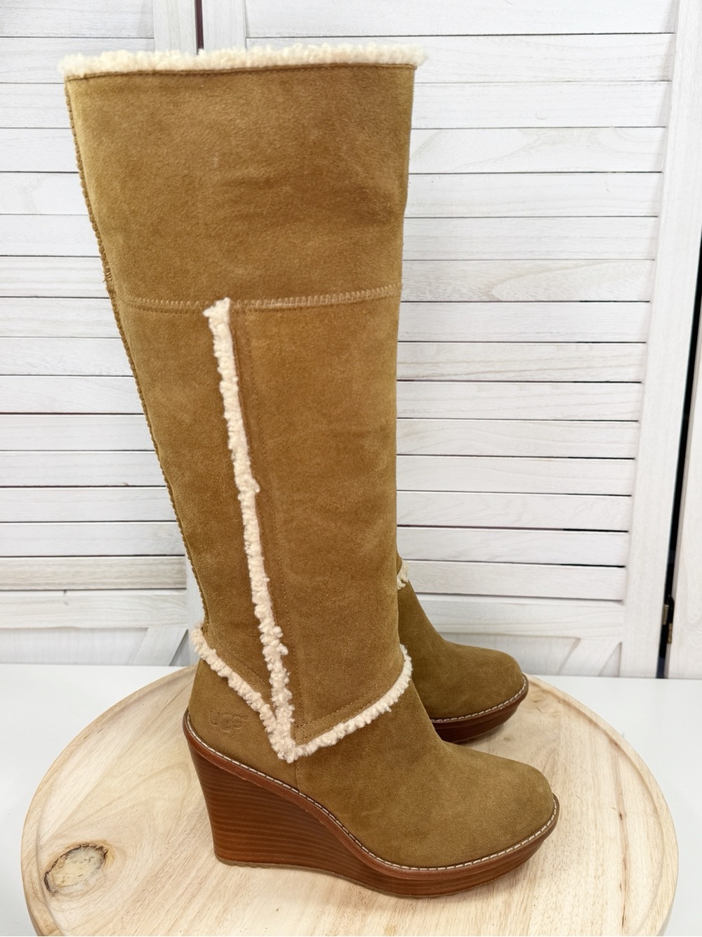 Ugg Aubrie Suede Shearling Wedge Heel Knee High Boots Tan 7.5 Boho Retro - Picture 2 of 12